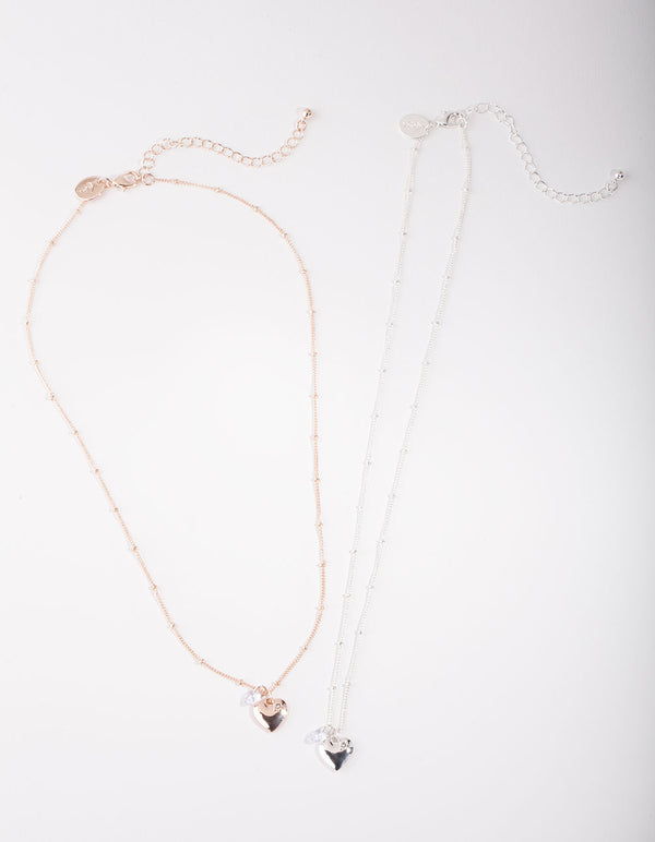 Mixed Metal Double Heart Diamante Necklace