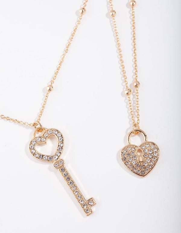 Gold Lock & Key Diamante Necklace