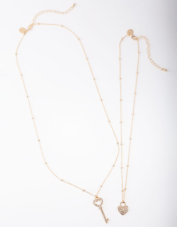 Gold Lock & Key Diamante Necklace