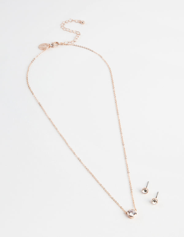 Rose Gold Circle Diamante Pendant & Earrings Set