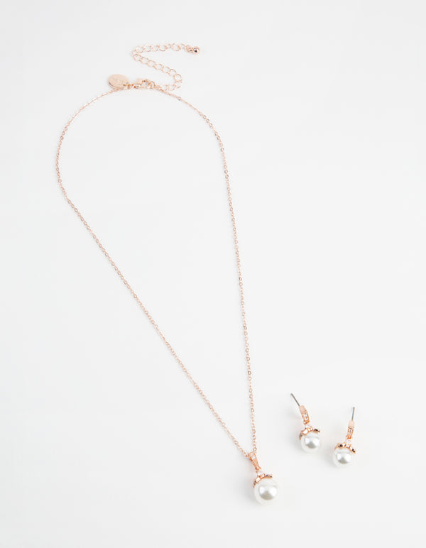 Rose Gold Classic Pearl Necklace & Earrings Set