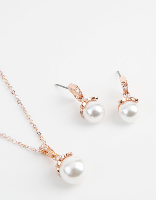 Rose Gold Classic Pearl Necklace & Earrings Set