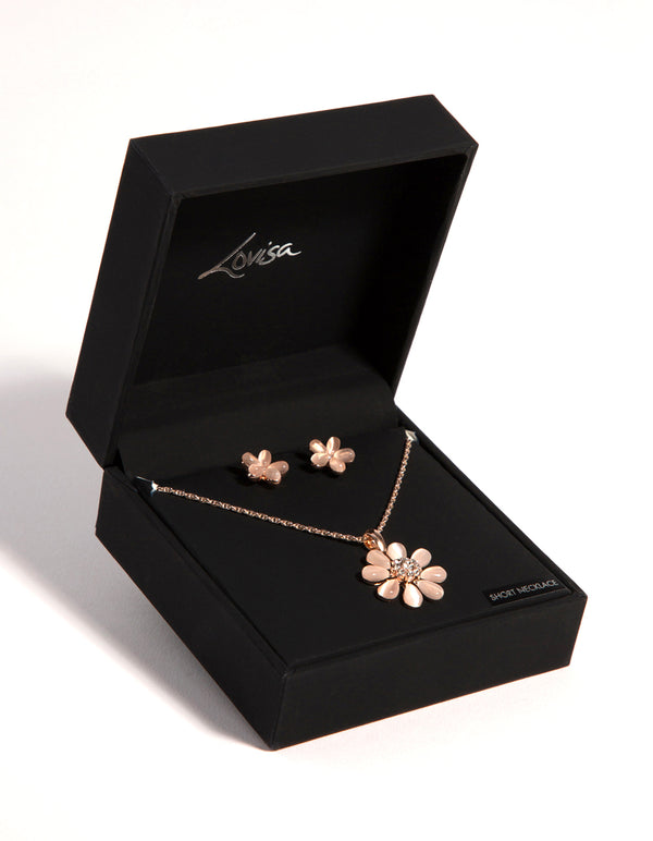 Rose Gold Daisy Catetye Necklace & Earrings Set