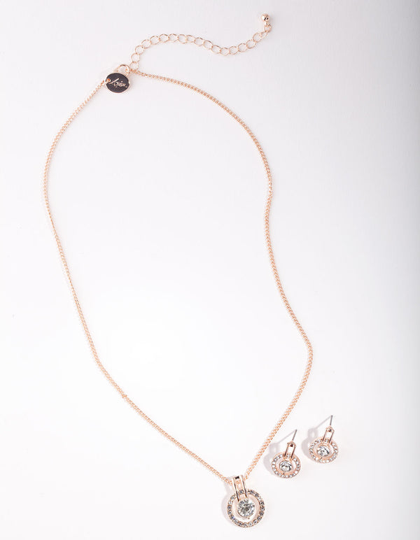 Rose Gold Circle Diamante Disc Necklace & Earrings Set