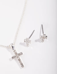 Silver Small Diamante Cross Necklace & Earrings Set - link has visual effect only