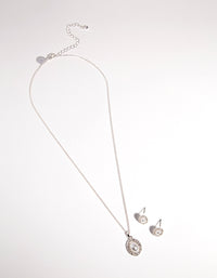 Silver Oval Pearl Diamante Necklace & Earrings Set - link has visual effect only