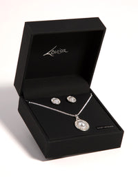 Silver Oval Pearl Diamante Necklace & Earrings Set - link has visual effect only