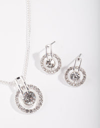 Silver Circle Diamante Disc Necklace & Earrings Set - link has visual effect only