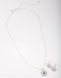 Silver Circle Diamante Disc Necklace & Earrings Set - link has visual effect only