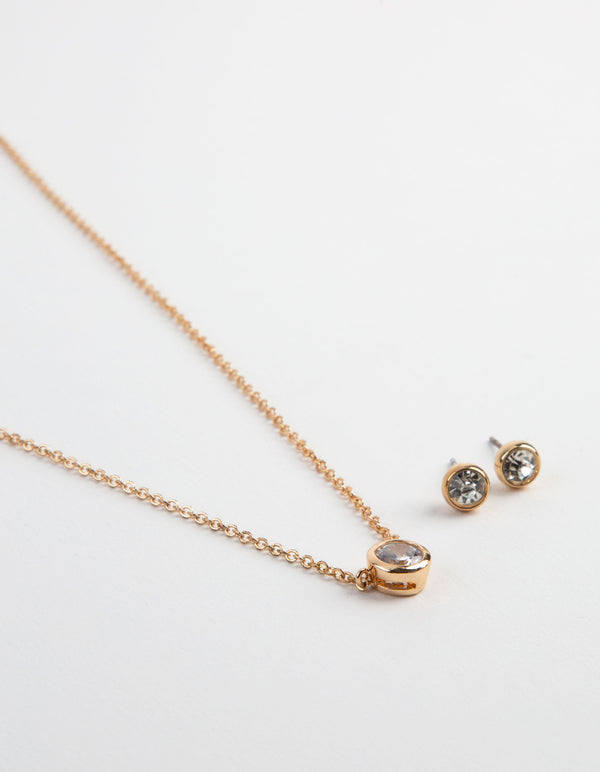 Gold Circle Diamond Pendant Necklace & Earrings Set