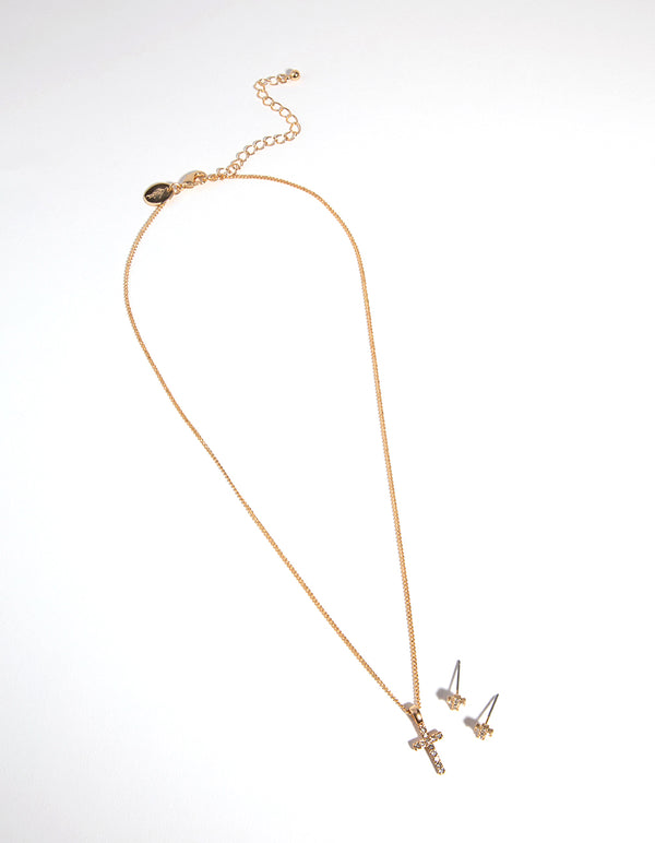 Gold Small Diamante Cross Necklace & Earrings Set