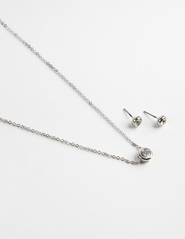Silver Circle Diamante Pendant Necklace & Earrings Set