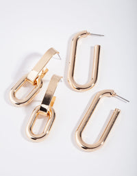 Gold Pack Rectangle Link & Hoop Earring - link has visual effect only