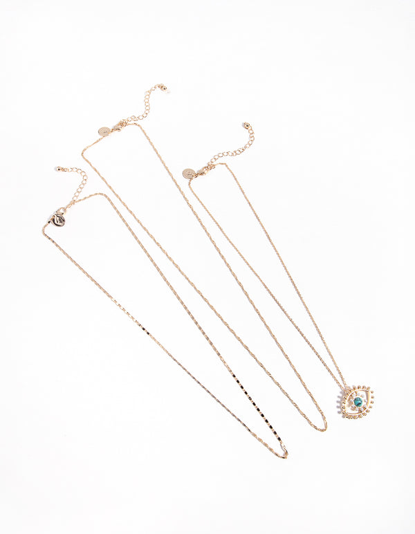 Gold Turquoise Pearl Evil Eye Layered Necklace