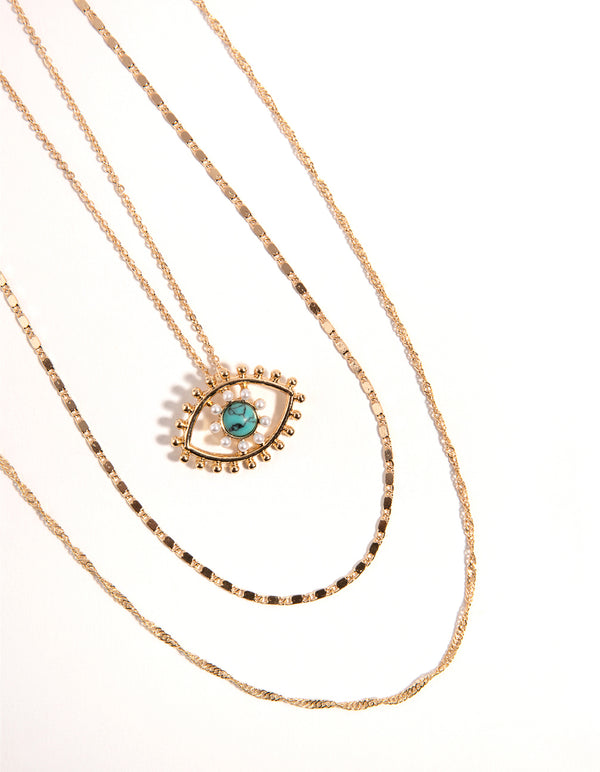 Gold Turquoise Pearl Evil Eye Layered Necklace
