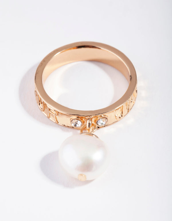 Gold Diamante Freshwater Pearl Charm Band Ring