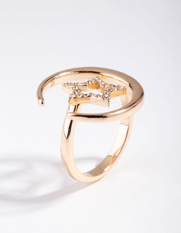 Gold Crystal Star Cresent Moon Ring