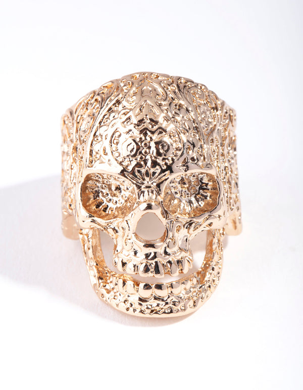Gold Ornate Skull Ring