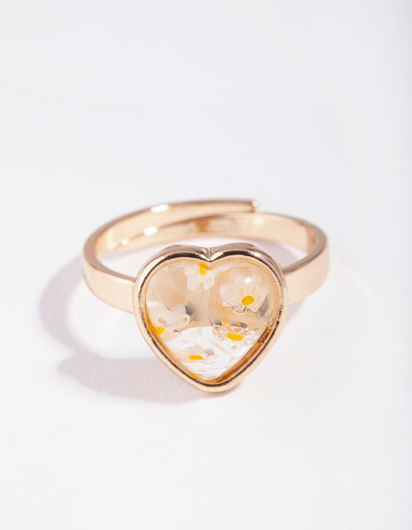 Gold Painted Yellow Daisy Heart Ring