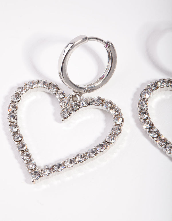 Silver Diamond Heart Huggie Earrings