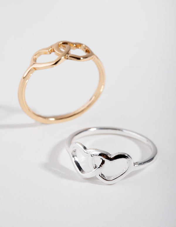 Mixed Metal Double Cut Out Heart Ring Pack