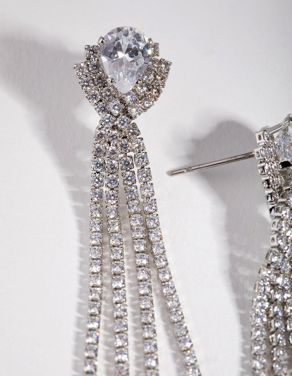 Silver Cubic Zirconia Cupchain Fringe Drop Earrings