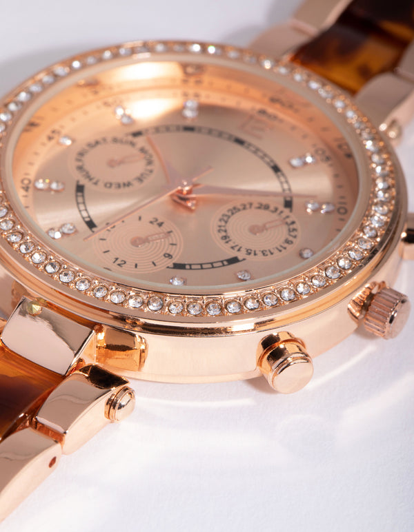 Rose Gold Tortoiseshell Bling Link Strap Watch