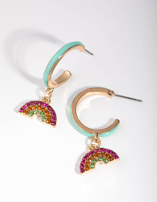 Gold Enamel Diamante Rainbow Hoop Earrings