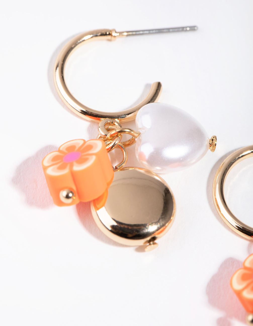 Gold Heart Pearl Charm Hoop Earrings