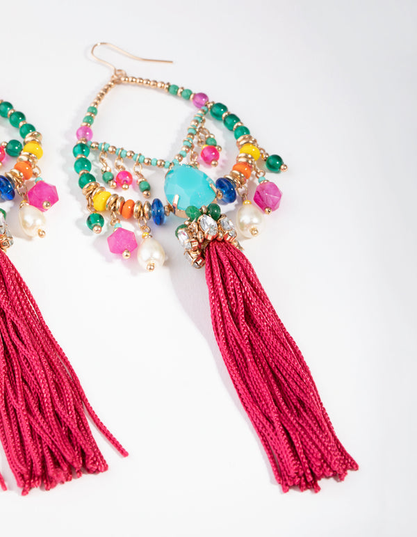 Gold Statement Beads & Tassel Earrings
