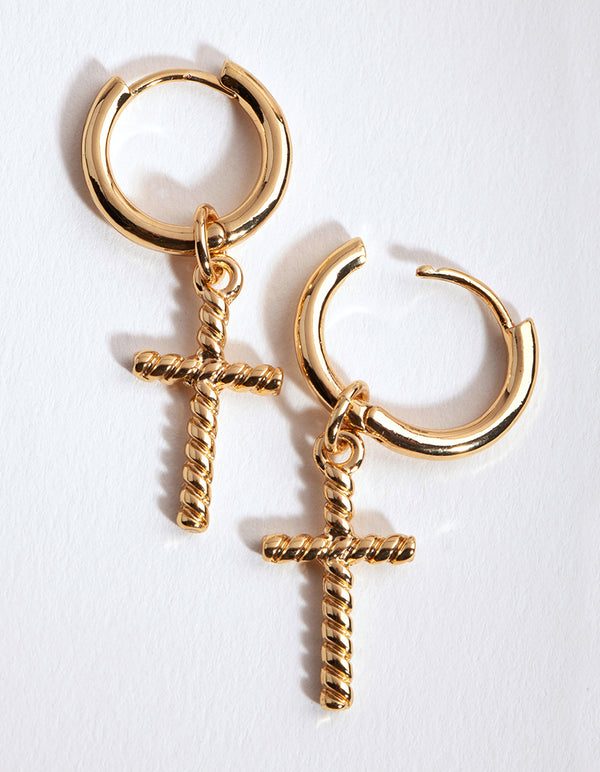 Gold Twist Cross Huggie Earrings
