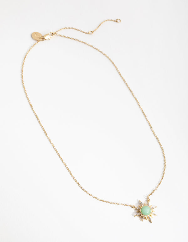 Gold Plated Diamante Semi Precious Jade Sun Necklace
