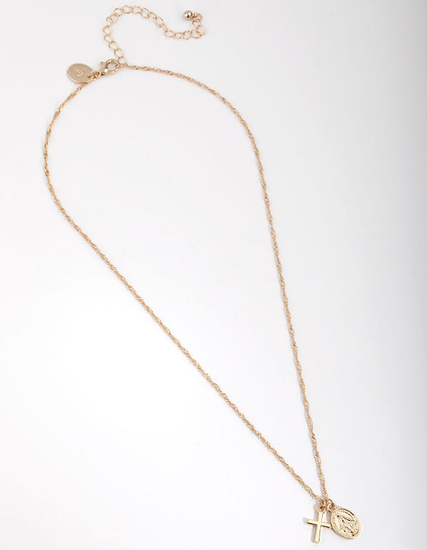 Gold Plated Cross & Coin Necklace