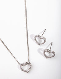Silver Diamond Simulant Heart Necklace & Earrings Set - link has visual effect only