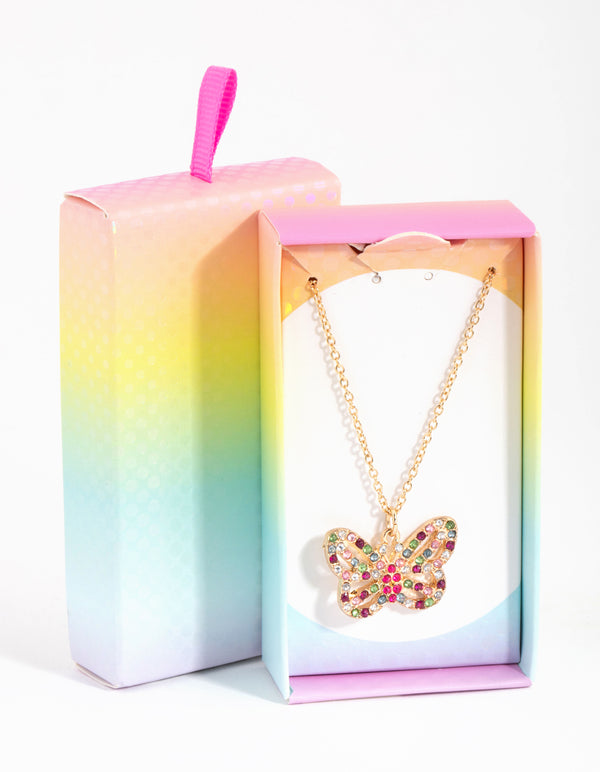 Kids Gold Rainbow Diamante Butterfly Necklace
