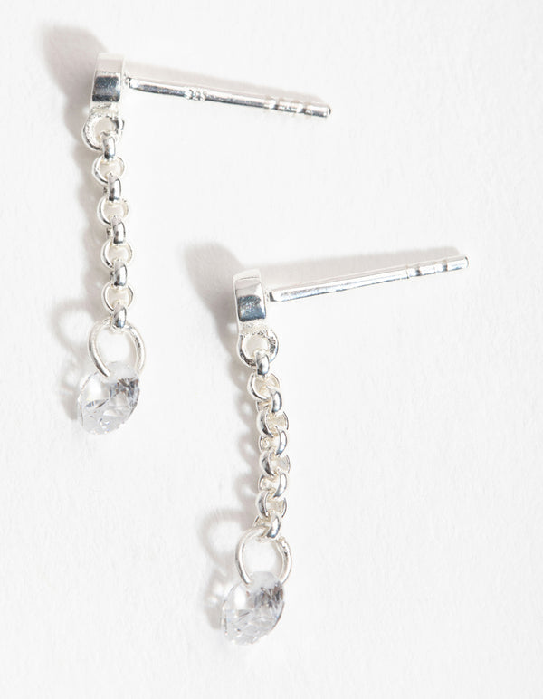 Sterling Silver Mini Cubic Zirconia Chain Drop Earrings