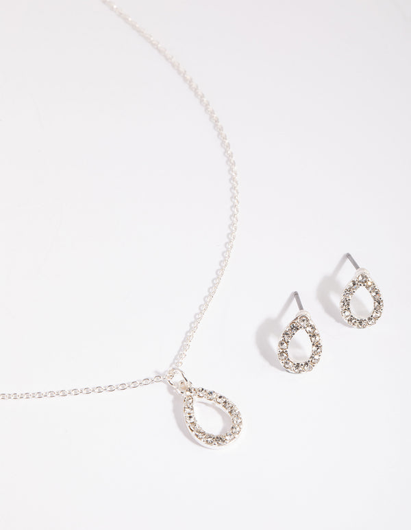 Silver Diamante Teardrop Necklace & Earring Set