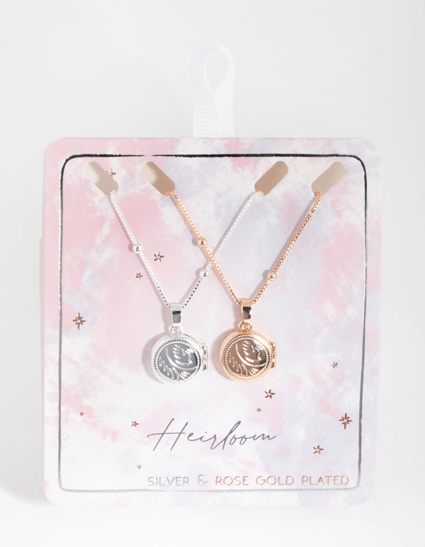 Silver & Rose Gold Plated Round Locket Necklace Set