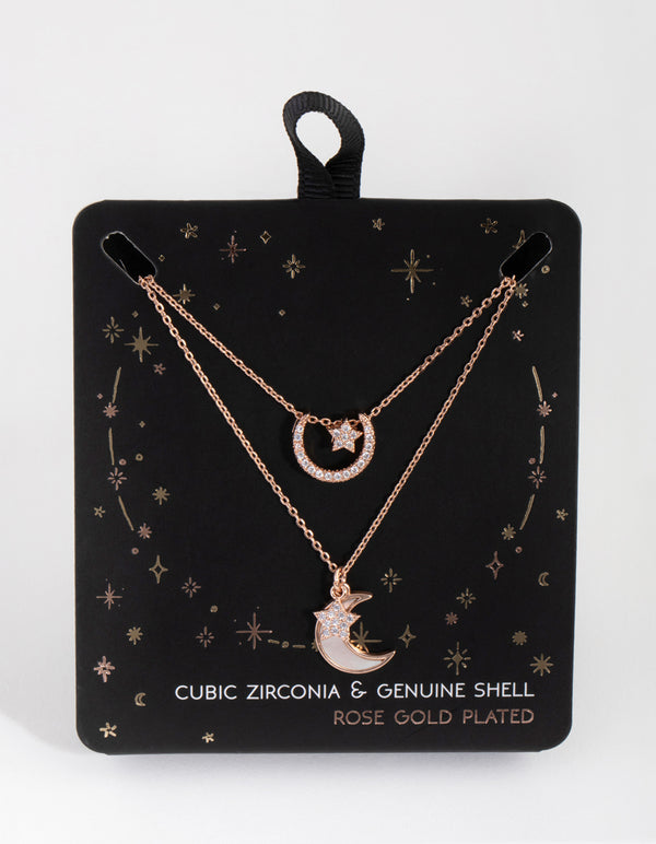 Rose Gold Plated Cubic Zirconia & Shell Crescent Moon Necklace Set