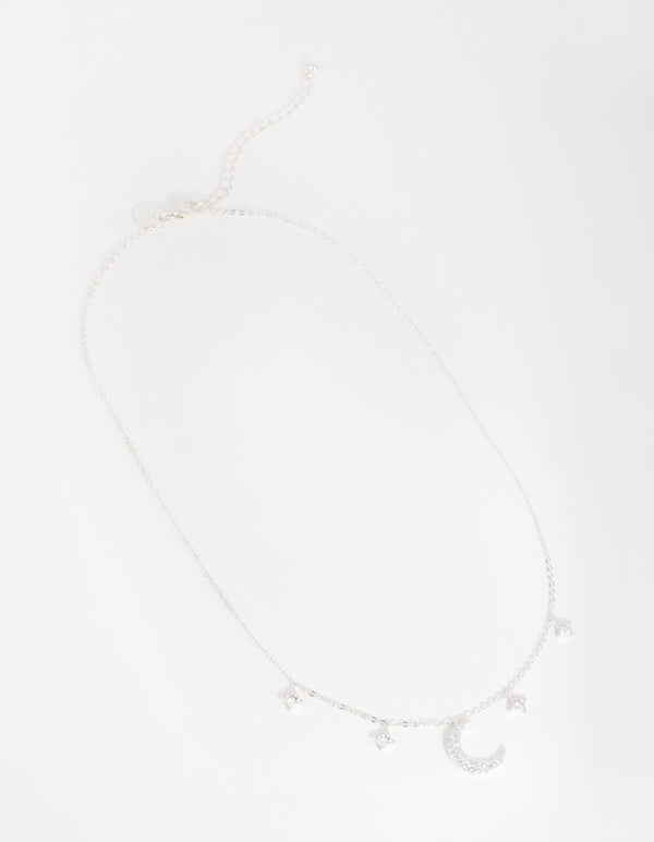 Silver Plated Cubic Zirconia Crescent Moon & Star Pendant Necklace