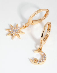Gold Diamante Mismatched Celestial Huggie Earrings - link has visual effect only