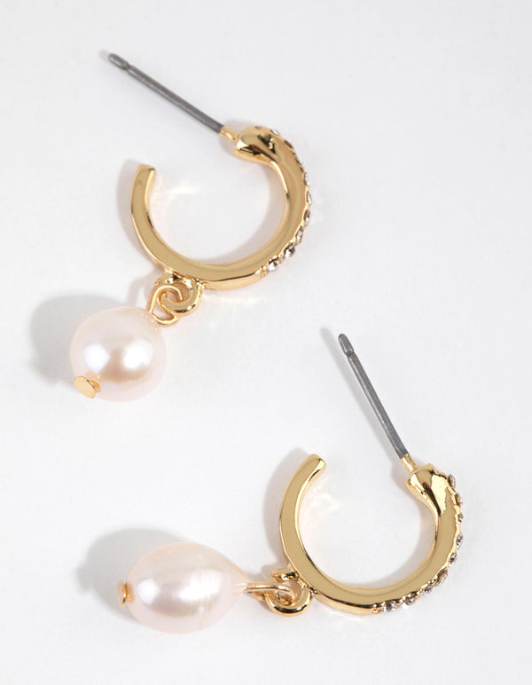 Gold Plated Diamante & Freshwater Pearl Huggie Earrings