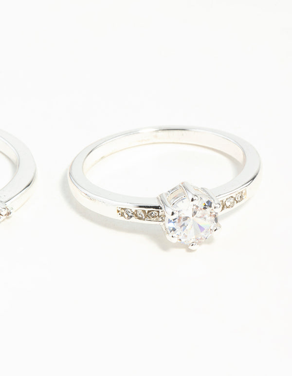 Silver Plated Round Cubic Zirconia Ring Set