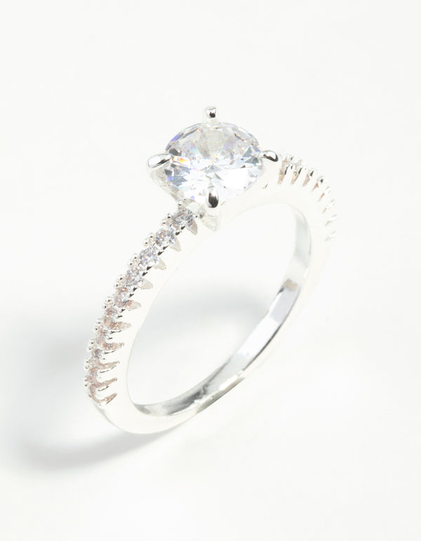 Silver Plated Round Cubic Zirconia Textured Band Ring