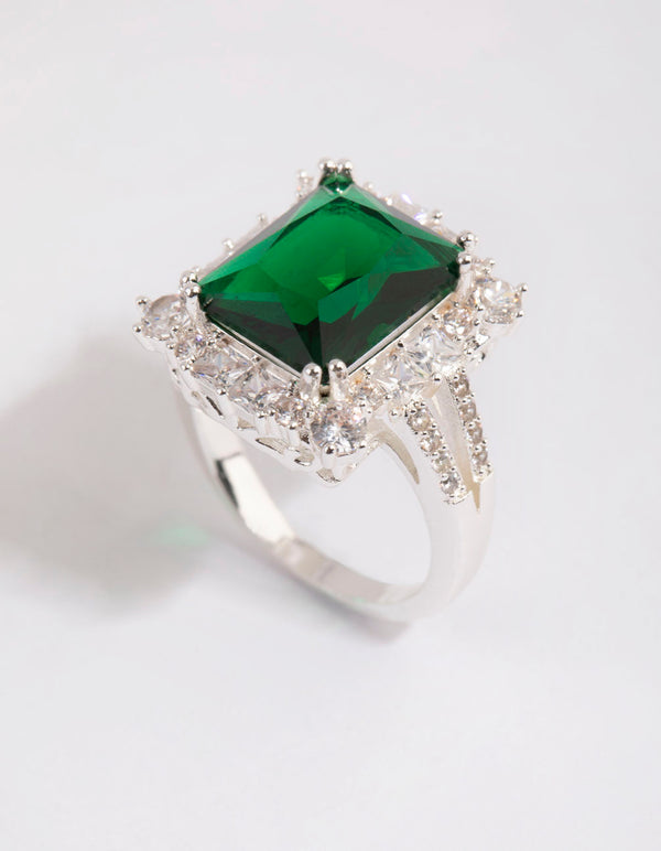 Silver Asscher Emerald Cubic Zirconia Ring