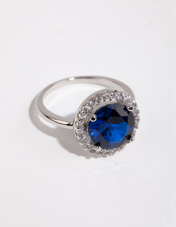 Silver Sapphire Cubic Zirconia Halo Ring