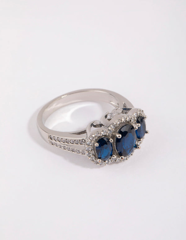 Silver Sapphire Cubic Zirconia Triple Stone Ring