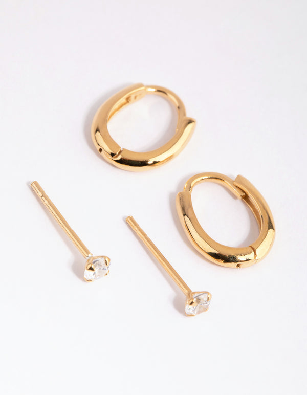 Gold Plated Sterling Silver Diamante & Oval Huggie Earring Pack