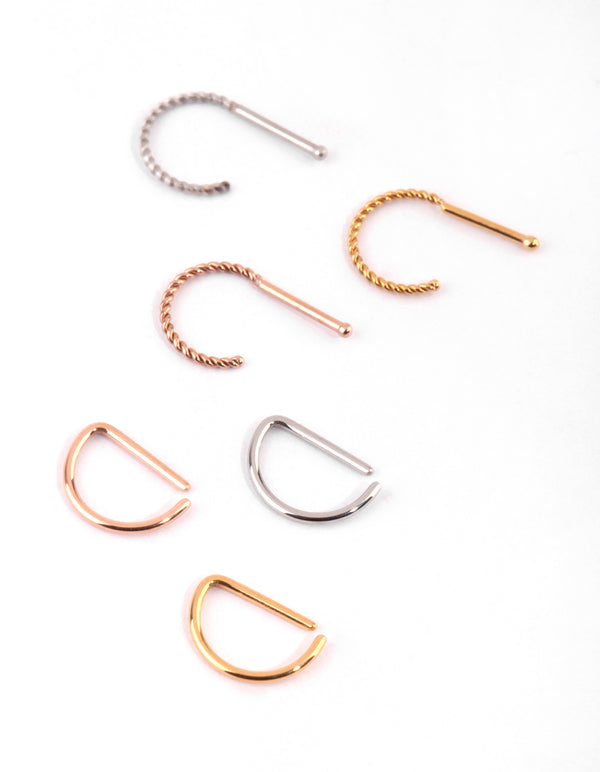 Surgical Steel Mixed Metal Textured Nose Piercing 6-Pack