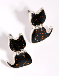 Silver & Black Glitter Cat Stud Earrings - link has visual effect only